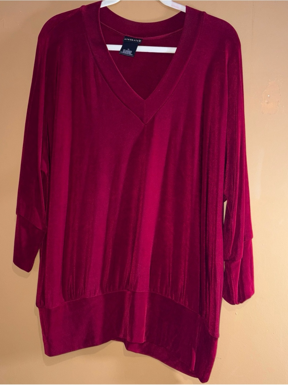 HC839 Citiknit Top Women's XLarge Red Slinky Knit Tunic 3/4  Sleeve Band